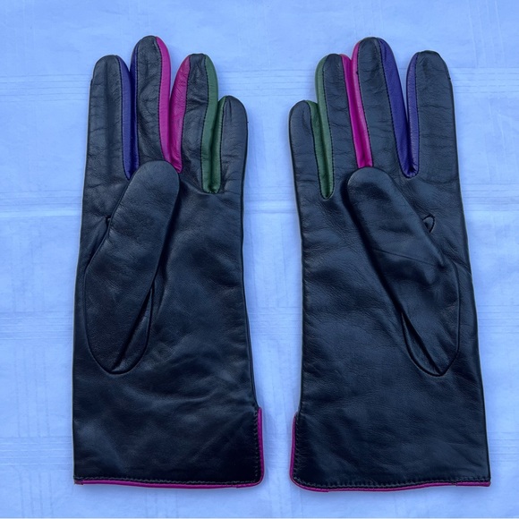 Vintage Black Leather Gloves Polka Dot with Hot Pink Trim - Picture 2 of 10